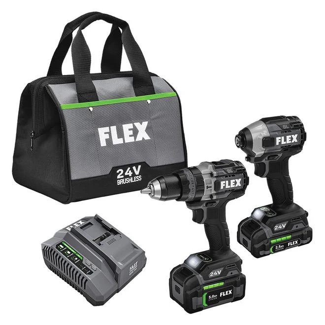 Flex 24-V Cordless 1/2-in Hammer Drill And 1/4-in Impact Driver - Includes Charger, Bag And 2 Batteries 3 Flex 24-V Cordless 1/2-in Hammer Drill And 1/4-in Impact Driver - Includes Charger, Bag And 2 Batteries
